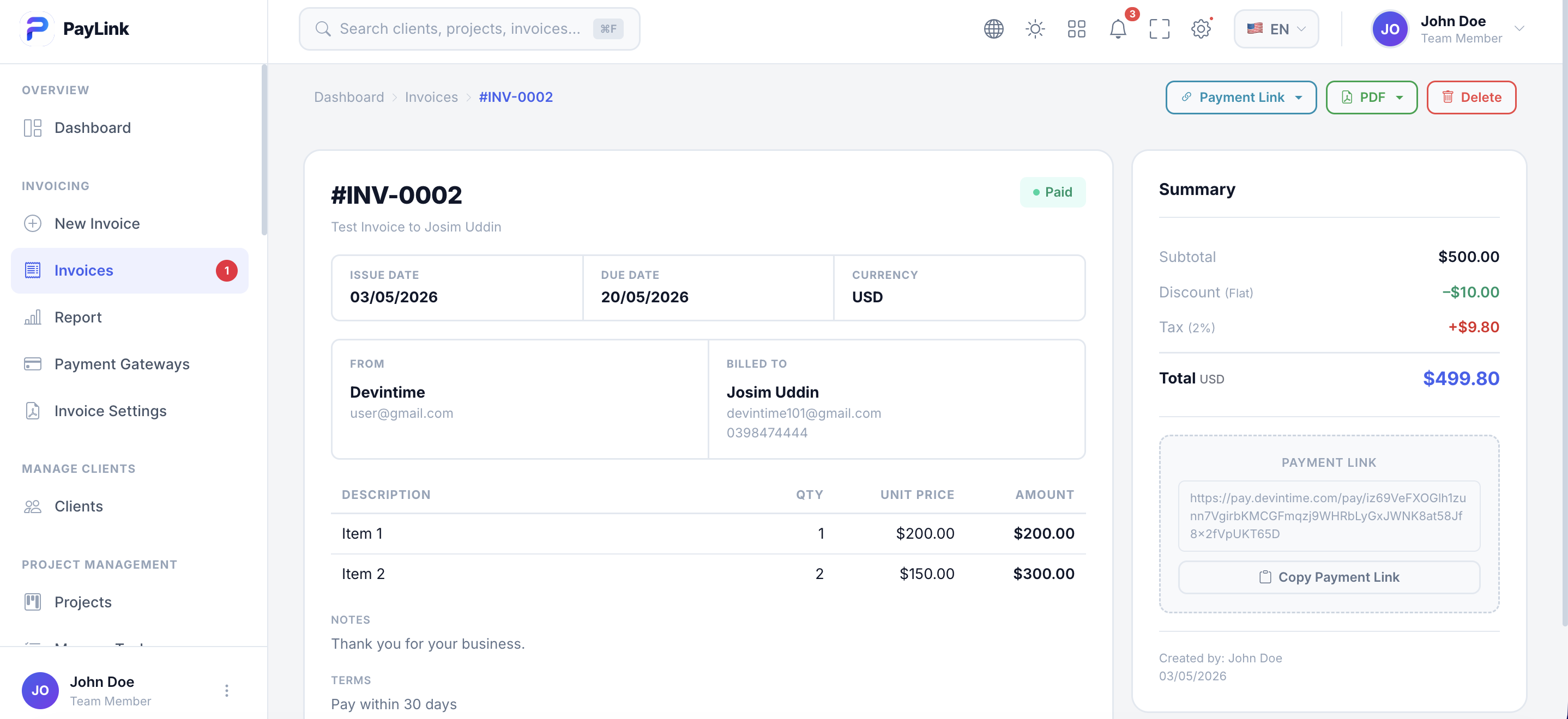 PayLink Invoice View